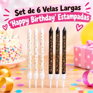 Set de 6 Velas Largas Happy Birthday Estampadas